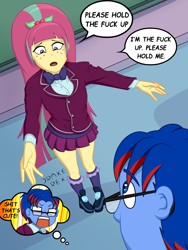 Size: 1500x2000 | Tagged: safe, artist:drake-rex, sour sweet, oc, oc:sparks, equestria girls, anime, clothes, commission, crystal prep academy, crystal prep academy uniform, cute, freckles, glasses, long hair, manga, meme, miniskirt, plaid skirt, pleated skirt, ponytail, sad, school uniform, shocked expression, shoes, skirt, socks, sourbetes, sourks, text