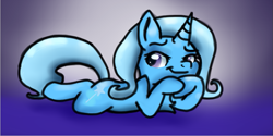 Size: 721x361 | Tagged: safe, artist:ponynesia, derpibooru import, trixie, pony, unicorn, female, gradient background, mare, prone, smiling, smirk, solo