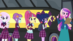 Size: 1000x563 | Tagged: safe, artist:starman1999, edit, edited screencap, screencap, dean cadance, fleur-de-lis, princess cadance, sci-twi, sour sweet, sunny flare, twilight sparkle, equestria girls, friendship games, cellphone, clothes, crystal prep academy uniform, female, phone, plaid skirt, pleated skirt, ponytail, raised eyebrow, school uniform, skirt, smartphone