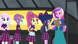 Size: 1000x563 | Tagged: safe, artist:starman1999, edit, edited screencap, screencap, dean cadance, fleur-de-lis, princess cadance, sci-twi, sour sweet, sunny flare, twilight sparkle, equestria girls, friendship games, cellphone, clothes, crystal prep academy uniform, phone, school uniform, smartphone