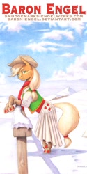 Size: 1000x2000 | Tagged: safe, artist:baron engel, applejack, earth pony, pony, clothes, dress, pencil drawing, snow, solo, traditional art