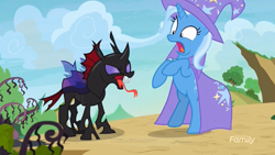 Size: 1366x768 | Tagged: safe, derpibooru import, screencap, pharynx, trixie, changeling, pony, unicorn, to change a changeling, scared, tongue out