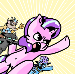 Size: 2000x1970 | Tagged: safe, artist:densomething, derpibooru import, discord, starlight glimmer, thorax, trixie, pony, unicorn, to where and back again, belly button, clothes, devil horn (gesture), hat, open mouth, parody, reformed four, scott pilgrim vs the world, squint, trixie's hat