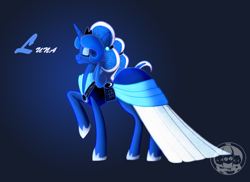 Size: 1280x931 | Tagged: safe, artist:ethereal-harbinger, princess luna, alicorn, pony, clothes, dress, eyes closed, gala dress, raised hoof, solo