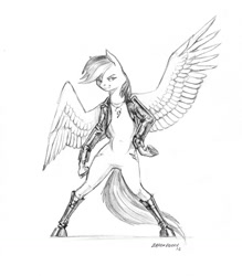 Size: 1200x1367 | Tagged: safe, artist:baron engel, rainbow dash, pegasus, pony, bipedal, boots, both cutie marks, clothes, grayscale, jacket, monochrome, pencil drawing, smirk, solo, spread wings, story in the source, traditional art