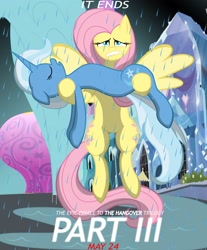 Size: 1900x2299 | Tagged: safe, artist:killkatt, derpibooru import, fluttershy, trixie, pegasus, pony, hot air balloon, parody, rain, the hangover, the hangover: part iii, twinkling balloon