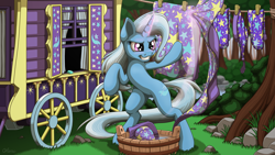 Size: 3840x2160 | Tagged: safe, artist:ohemo, derpibooru import, trixie, pony, unicorn, 4k, cape, clothes, female, glowing horn, hat, laundry, magic, mare, smiling, solo, trixie's cape, trixie's hat, trixie's wagon