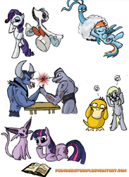 Size: 900x1231 | Tagged: dead source, safe, artist:primogenitor34, derpibooru import, iron will, rainbow dash, rarity, twilight sparkle, pegasus, pony, unicorn, altaria, crossover, espeon, froslass, machoke, pokémon, psyduck