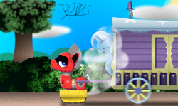 Size: 2500x1487 | Tagged: safe, artist:trackheadtherobopony, derpibooru import, trixie, oc, oc:trackhead, pony, robot, robot pony, coughing, duo, exhaust fumes, oc and canon, pulling, trixie's wagon