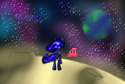 Size: 1920x1280 | Tagged: safe, artist:clayman778, princess luna, alicorn, pony, cake, earth, lunadoodle, moon, solo, space