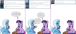 Size: 1808x800 | Tagged: safe, artist:dekomaru, derpibooru import, trixie, twilight sparkle, oc, oc:aurora, oc:nebula, pony, ask, baby, baby pony, bandage, colt, female, filly, lesbian, magical lesbian spawn, male, offspring, parent:trixie, parent:twilight sparkle, parents:twixie, shipping, sitting, tumblr, tumblr:ask twixie, twixie