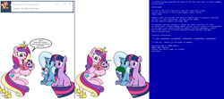 Size: 1808x800 | Tagged: safe, artist:dekomaru, derpibooru import, princess cadance, trixie, twilight sparkle, oc, oc:aurora, oc:nebula, alicorn, pony, ask, baby, baby pony, blue screen of death, boop, colt, female, filly, helmet, lesbian, magical lesbian spawn, male, offspring, parent:trixie, parent:twilight sparkle, parents:twixie, shipping, sitting, tumblr, tumblr:ask twixie, twixie