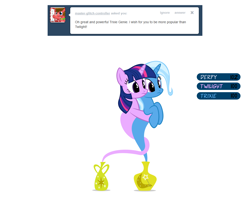 Size: 1050x832 | Tagged: safe, artist:navitaserussirus, derpibooru import, trixie, twilight sparkle, pony, asktwixiegenies, cropped, female, genie, lesbian, shipping, twixie