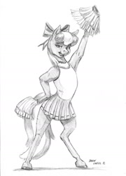 Size: 1100x1527 | Tagged: safe, artist:baron engel, cheerilee, pony, the cart before the ponies, armpits, bipedal, cheerileeder, cheerleader, clothes, hair bow, monochrome, pencil drawing, pleated skirt, pom pom, skirt, traditional art