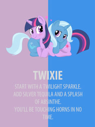 Size: 450x600 | Tagged: artist needed, safe, derpibooru import, trixie, twilight sparkle, pony, unicorn, female, heart, lesbian, mare, prone, shipping, twixie