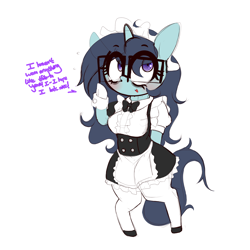 Size: 3500x3500 | Tagged: safe, artist:fullmetalpikmin, derpibooru import, oc, oc only, oc:insatiable void, pony, bipedal, clothes, dialogue, female, glasses, maid, maid headdress, mare, milf, simple background, solo, white background