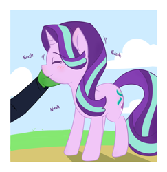 Size: 1280x1319 | Tagged: safe, artist:grim ponka, starlight glimmer, oc, oc:anon, human, pony, unicorn, blushing, cloud, colored, cute, disembodied hand, eyes closed, female, glimmerbetes, hand, nuzzling, offscreen character, petting, smiling