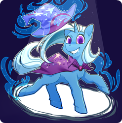 Size: 1223x1237 | Tagged: safe, artist:foxda, derpibooru import, trixie, pony, unicorn, colored pupils, female, grin, looking at you, magic, mare, smiling, solo, sparkles, spotlight, telekinesis