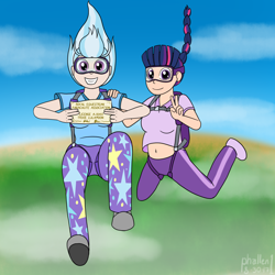 Size: 1500x1500 | Tagged: safe, artist:phallen1, derpibooru import, trixie, twilight sparkle, human, air ponyville, alternate hairstyle, atg 2017, belly button, falling, female, goggles, grin, hand on shoulder, humanized, license, newbie artist training grounds, parachute, peace sign, pose, skydiving, smiling