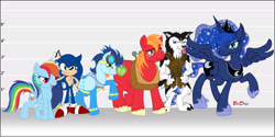 Size: 2096x1052 | Tagged: safe, artist:brodogz, big macintosh, princess luna, rainbow dash, soarin', oc, oc:fox trot, alicorn, earth pony, pegasus, pony, wolf, a new dawn, crossover, fanfic, fanfic art, height, male, reference sheet, size chart, sonic the hedgehog, sonic the hedgehog (series), stallion, the simple life