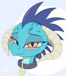 Size: 2904x3369 | Tagged: safe, artist:mistydash, princess ember, dragon, bedroom eyes, blushing, bust, collar, female, looking at you, pet tag, solo