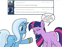 Size: 504x379 | Tagged: safe, artist:dekomaru, derpibooru import, trixie, twilight sparkle, pony, ask, cropped, female, lesbian, shipping, tumblr, tumblr:ask twixie, twixie