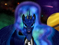 Size: 4680x3600 | Tagged: safe, artist:crazyaniknowit, princess luna, alicorn, pony, absurd resolution, looking at you, solo, space, spread wings