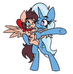 Size: 1957x1987 | Tagged: safe, artist:nekro-led, derpibooru import, trixie, oc, oc:skull bow, pegasus, pony, unicorn, bipedal, bow, cute, hair bow, happy, hug, one eye closed, smiling, winghug, wink