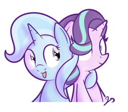 Size: 1827x1596 | Tagged: safe, artist:vaetan, derpibooru import, starlight glimmer, trixie, pony, unicorn, duo, hug, simple background, smiling, transparent background