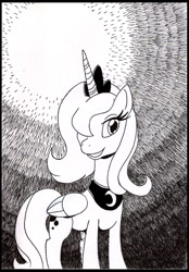 Size: 1173x1683 | Tagged: safe, artist:adamis, princess luna, alicorn, pony, monochrome, s1 luna, solo