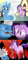 Size: 1000x2100 | Tagged: safe, artist:zouyugi, derpibooru import, starlight glimmer, trixie, horse, pony, unicorn, all bottled up, anger magic, angry, bottle, comic, food, hilarious in hindsight, hoers, i see what you did there, magic, meme, pineapple, pizza, ponyville, screaming, sorry, teeth