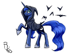 Size: 1024x768 | Tagged: safe, artist:ravenousdrake, princess luna, alicorn, bat, pony, bat cloak, cape, clothes, raised hoof, solo