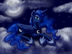 Size: 1024x768 | Tagged: safe, artist:ravenousdrake, princess luna, alicorn, pony, cloud, cloudy, moon, night, prone, solo