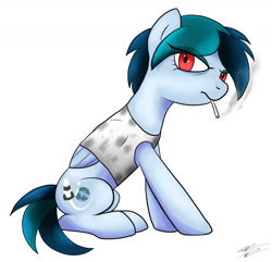 Size: 1280x1234 | Tagged: safe, artist:wolftendragon, derpibooru import, oc, oc only, oc:delta vee, pegasus, pony, bags under eyes, cigarette, eye clipping through hair, female, mare, milf, signature, simple background, sitting, smoking, solo, white background