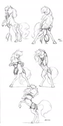 Size: 1000x1984 | Tagged: safe, artist:baron engel, oc, oc only, oc:carousel, pony, bipedal, dressing, harness, monochrome, pencil drawing, sketch, traditional art