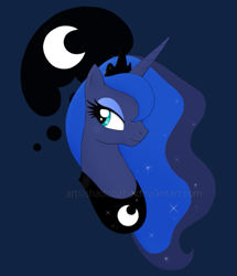 Size: 645x750 | Tagged: safe, artist:shadobabe, princess luna, alicorn, pony, cutie mark background, female, horn, mare, smiling, solo, watermark