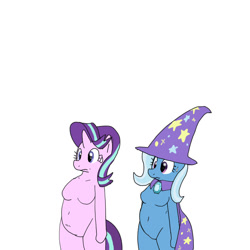 Size: 800x800 | Tagged: safe, artist:kushina13, derpibooru import, starlight glimmer, trixie, anthro, unicorn, arm hooves, barbie doll anatomy, breasts, cape, clothes, duo, hat, simple background, standing, sweat, sweatdrop, trixie's cape, trixie's hat, white background