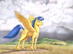 Size: 1500x1112 | Tagged: safe, artist:baron engel, oc, oc only, oc:sonny starbrite, alicorn, pony, alicorn oc, pencil drawing, scenery, solo, traditional art, unshorn fetlocks