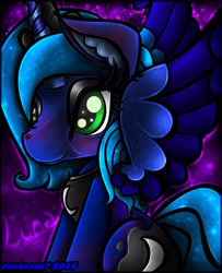 Size: 2304x2840 | Tagged: safe, artist:rocioam7, princess luna, alicorn, pony, blushing, high res, s1 luna, sitting, smiling, solo, spread wings