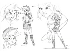 Size: 1500x1089 | Tagged: safe, artist:baron engel, applejack, equestria girls, boots, clothes, cowboy hat, denim skirt, eared humanization, freckles, front knot midriff, hat, lasso, midriff, monochrome, pencil drawing, ponied up, rope, shorts, sketch, skirt, smirk, solo, stetson, tailed humanization, thighs, traditional art