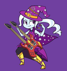 Size: 1866x2000 | Tagged: safe, artist:khuzang, derpibooru import, trixie, equestria girls, rainbow rocks, cape, clothes, electric guitar, female, guitar, hat, simple background, smiling, solo, trixie's cape, trixie's hat