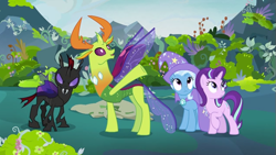 Size: 633x356 | Tagged: safe, derpibooru import, screencap, pharynx, starlight glimmer, thorax, trixie, changedling, changeling, pony, unicorn, to change a changeling, king thorax