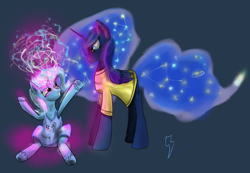 Size: 1280x887 | Tagged: safe, artist:hippik, princess luna, trixie, alicorn, pony, unicorn, annoyed, clothes, constellation, female, grin, magic, mare, shirt, sitting, unshorn fetlocks