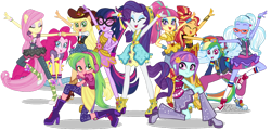 Size: 1024x495 | Tagged: safe, artist:limedazzle, edit, editor:bezziie, applejack, fluttershy, lemon zest, pinkie pie, rainbow dash, rarity, sci-twi, sour sweet, sugarcoat, sunny flare, sunset shimmer, twilight sparkle, dance magic, equestria girls, spoiler:eqg specials, clothes, converse, dress, eyes closed, humane five, humane seven, humane six, looking at you, open mouth, ponied up, rapper dash, shoes, simple background, transparent background, vector, vector edit