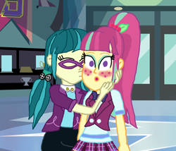 Size: 2400x2057 | Tagged: safe, artist:bigpurplemuppet99, artist:lyricgemva, juniper montage, sour sweet, equestria girls, crack shipping, female, junipersweet, kissing, lesbian, shipping