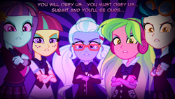 Size: 1288x728 | Tagged: safe, artist:snakeythingy, indigo zap, lemon zest, sour sweet, sugarcoat, sunny flare, equestria girls, clothes, crossed arms, crystal prep academy uniform, crystal prep shadowbolts, glasses, goggles, headphones, hypnosis, school uniform, shadow five, swirly eyes, unleash the magic