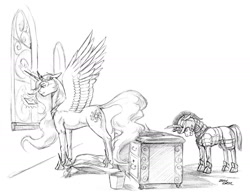 Size: 1400x1083 | Tagged: safe, artist:baron engel, princess celestia, alicorn, pony, grayscale, monochrome, pencil drawing, royal guard, simple background, sketch, traditional art, white background