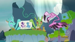 Size: 1655x931 | Tagged: safe, derpibooru import, screencap, starlight glimmer, thorax, trixie, changedling, changeling, flamingo, pony, unicorn, to change a changeling, arista, cute, cuteling, disguise, disguised changeling, king thorax, mouth hold