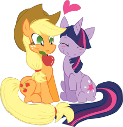 Size: 1196x1236 | Tagged: safe, artist:shelltoon, derpibooru import, applejack, twilight sparkle, earth pony, pony, apple, blushing, female, lesbian, mouth hold, shipping, simple background, sitting, twijack