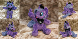 Size: 2400x1200 | Tagged: safe, artist:essorille, princess luna, both cutie marks, filly, irl, photo, plushie, s1 luna, sitting, solo, tongue out, woona